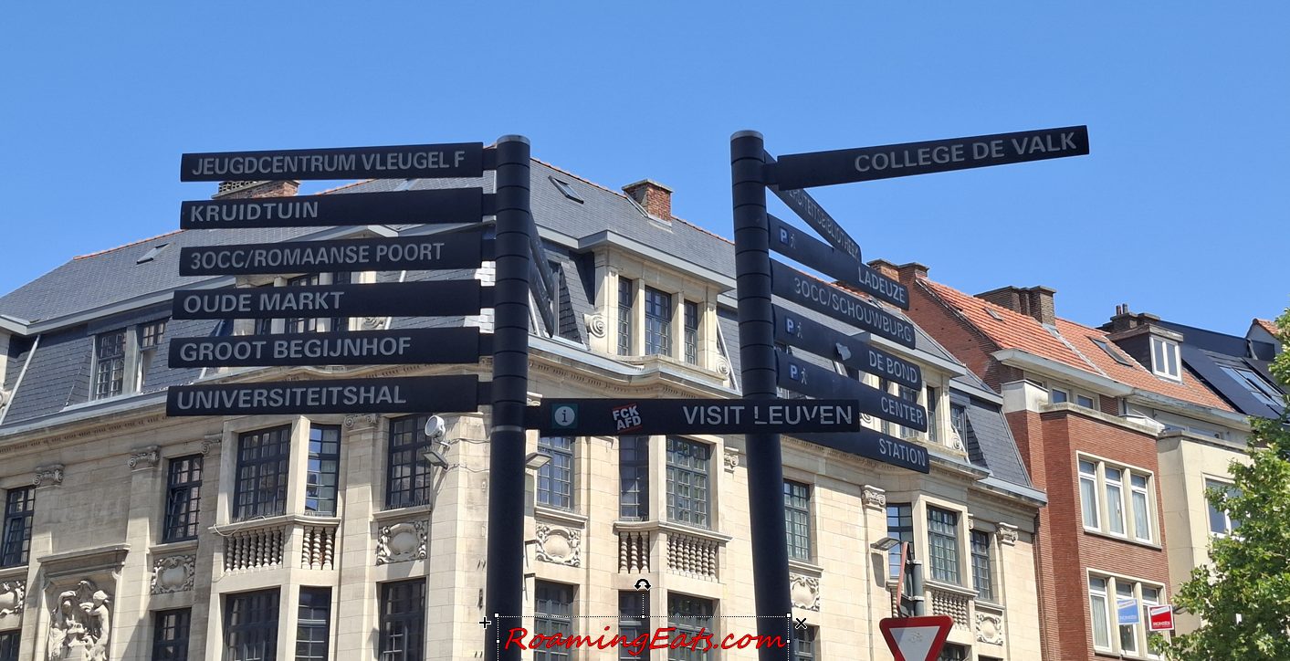 Street signs and historic buildings in central Leuven