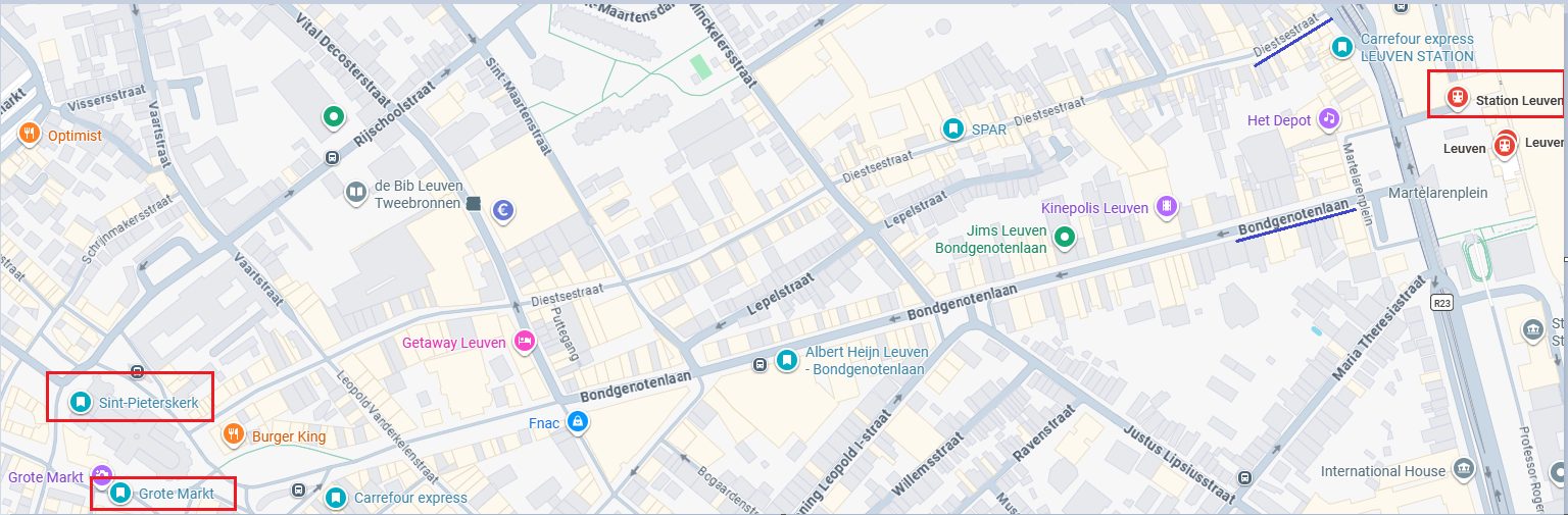 Map of the walk from Leuven Station to the Grote Markt