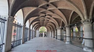 The herringbone brick groin-vault ceiling of the library entrance